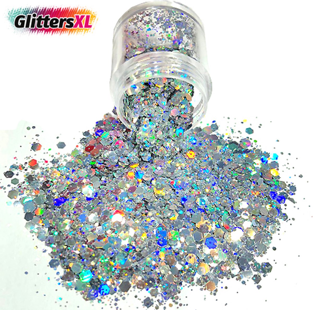 GlittersXL - Chunky Glitters (Zilver) (Volume 8g) [Festival Makeup Gezicht Lichaam - Face Body Glitter - Biologisch afbreekbaar - Versiering Dames Volwassen Kinderen]